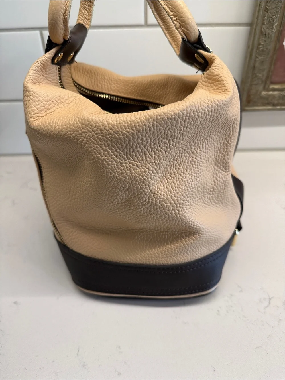 Valentina  Beige and Dark Brown Leather Mini Backpack / Bag
